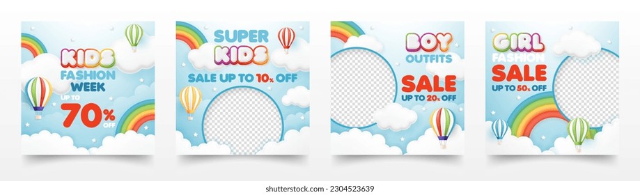 3d Kid fashion sale banner template. special discount promotion sale offer with rainbow balloon background for baby clothes toy online shop, store, advertisement, flyer, web and social media post