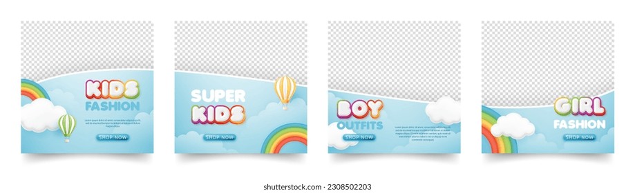 Juego de plantillas de banner cuadrado de venta de moda para niños. venta de póster infantil ofrece descuento de promoción con arco iris 3d y globo sobre fondo del cielo para online, tienda de ropa de bebé, volante, web, publicación en medios sociales