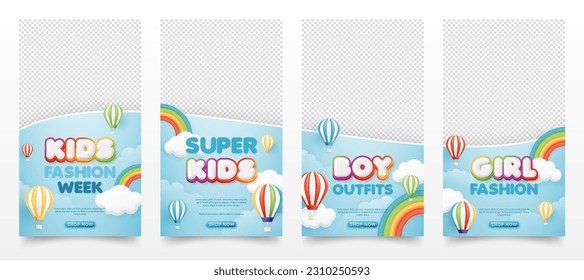 3d Kid fashion sale banner template. special discount promotion sale offer with rainbow balloon background for baby clothes toy online shop, store, advertisement, flyer, web and social media post