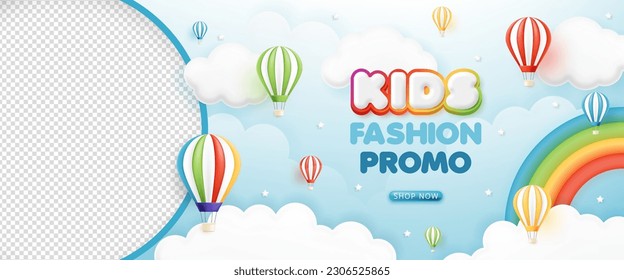 Banner horizontal de venta de moda infantil. venta de carteles para niños ofrece descuento de promoción con arco iris 3d y globo para promoción, ropa para bebés y tienda de juguetes, tienda, tienda online, volante, web y publicación en medios sociales