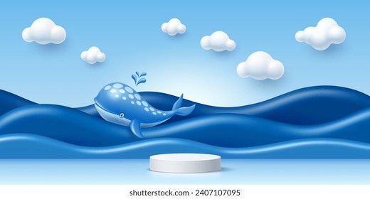 3D kid podium stage with blue sea waves, whale and white clouds, vector product display. Kids podium stand on background with cartoon toy whale on blue ocean waves with bubble balloon clouds