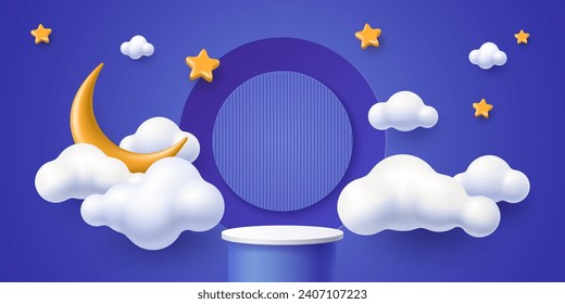 3D kid podium stage with moon and white clouds in sky for baby children, vector product display. Kids podium stand background with platform cylinder and dream blue clouds, crescent moon and stars