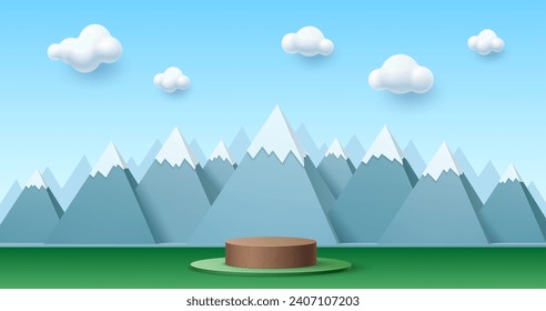 3D kid podium stage with mountain, blue sky and white clouds for baby products display, vector background. Alpine mountain rocks with snow and platform cylinder or podium stand pedestal for children