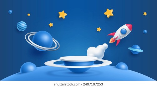 3D kid podium stage with space rocket, galaxy planets and stars, vector product display. Kids podium stand on background with cartoon toy rocket spaceship and galaxy planets in sky with stars