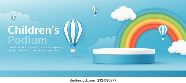 3D-Vektor-Produkt-Display-Zylinder Ständer Podium-Banner. Farbiger Regenbogen, Ballon für den Babyladen, Online-Shop, Kinderspielzeug-Anzeige, Modediskontverkauf, Social-Media-Web