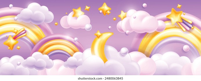 3D kid sky border, vector cute cartoon baby rainbow horizontal banner, pink clouds, moon, stars. Kawaii magic night sky violet wallpaper, soft dream cosmic child bedroom poster. Kid sky illustration