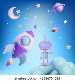 3d Kid Toy Adventure Concept Cartoon Style Include of Space Rocket Flight Spaceship and Robot . Vector illustration