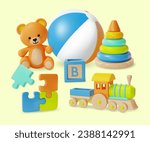 3d Kid Toy Concept Cartoon Style Include of Ball, Teddy Bear, Wooden Train and Pyramid with Colorful Rings. Vector illustration