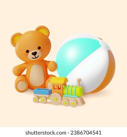 3d Kid Toy Concept Cartoon Style Include of Cute Teddy Bear, Wooden Train and Ball . Vector illustration