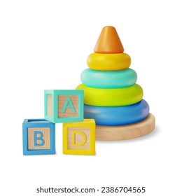 3d Kid Toy Concept Cartoon Style Inklusive ABC Block und Pyramid mit farbigen Rings. Vektorgrafik