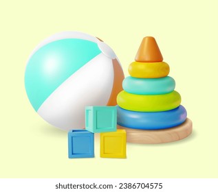 3d Kid Toy Concept Cartoon Style Include of Ball, Wooden Block and Pyramid with Colorful Rings . Vector illustration