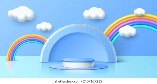 Podio de juguete infantil 3D con arco iris y nubes en el escenario de niños pequeños, fondo vectorial. Exhibición de productos para niños o bebés exhibiendo velador o estudio de exposición y exhibición de exhibición maquillaje de escena con arco iris