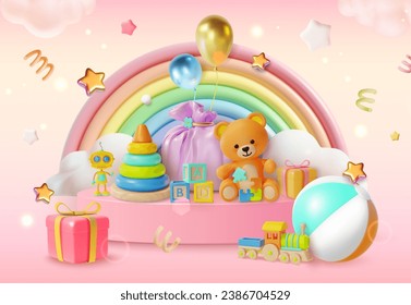 Oferta Especial 3d Kid Toy Store Big Sale Oferta Especial A Medio Precio Estilo Cartoon. Ilustración vectorial de juguetes infantiles en una escena de podio y arcoiris con nubes