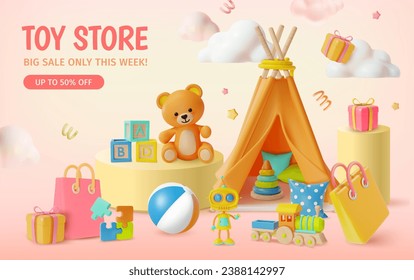 3d Kid Toy Store Big Sale This Week Half Price Concept Placard Poster Banner Card Template Cartoon Style. Vector illustration