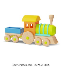 3d Kid Toy Train with Color Wagon Cartoon Style Isolated on a White Background. Vector illustration of Steam Locomotive