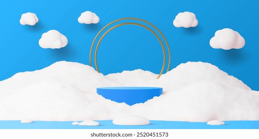 3d kids Christmas podium with snow and golden arch. Vector blue scene surrounded by fluffy white snow and floating clouds, with a gold arc in the background, magical winter display for children promo