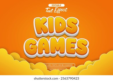 3d kids games editable text effect with cloud decoration and orange background 