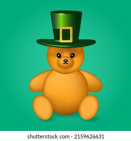 3d Kids Teddy Bear. Realistic Baby Bear In Leprechaun Green Top Hat