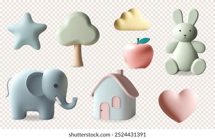 brinquedos 3d crianças e elementos de berçário. renderização 3d definido com elefante bonito, coelho, estrela, nuvem em cores pastel