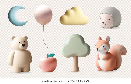 Juguetes 3D para niños y Elementos infantiles. 3D render conjunto con linda ardilla, erizo, oso, nube en colores pastel