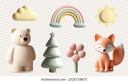 3d kids toys and nursery elements. 3d rendering set with cute animals bear, fox, rainbow, sun in pastel colors