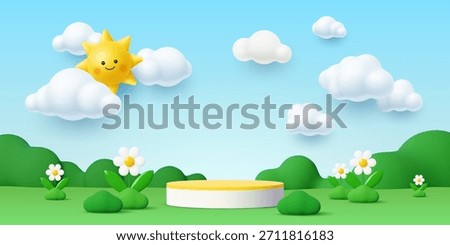 3d kids vector podium stage with green meadow, daisy flowers, cheerful yellow sun peeking from white fluffy clouds in a blue sky, and soft green hills. Kids event, children product podium display