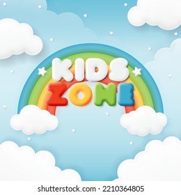 3d kids zone logo. Playroom icon with colorful rainbow and cloud cartoon background. Children play game zone label for playground, fun birthday room area, vector illustration.