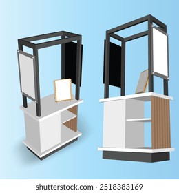 3d kiosk display market sale simple construction decoration with blank space logo content company profile for event exhibition. Vector editable isolated.