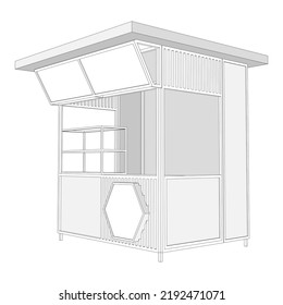 3d kiosk stand booth market cart for sell product food drink wood decoration stainless steel construction  with blank space logo company. Vector editable isolated sketch outline drawing coloring.