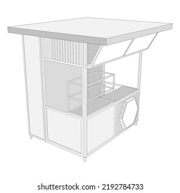 3d kiosk stand booth market cart for sell product food drink wood decoration stainless steel construction  with blank space logo company. Vector editable isolated sketch outline drawing coloring.