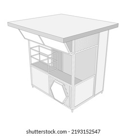3d kiosk stand booth market cart for sell product food drink wood decoration stainless steel construction  with blank space logo company. Vector editable isolated sketch outline drawing coloring.