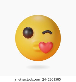 3d kiss emoji. Love emoticon with lips blowing a kiss, winking yellow face with red heart. 3d render glossy plastic icon. Vector illustration. svg