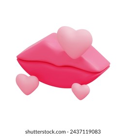 3d kiss icon vector. Women's shapes lip. 3d love and romance concept. Beautiful lips, beauty, red lipstick, cosmetics. Isolated on white background. 3d lip with hearts icon vector render illustration.