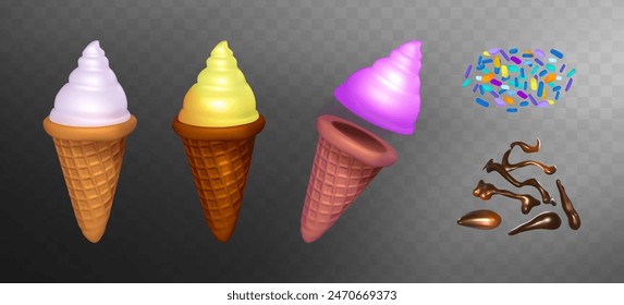 3d kit of ice cream in waffle cones. Сolorful vanilla ice cream. Set of chocolate drops and sprinkles