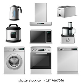 3d kitchen appliance. Realistic metal household electric machinery, steel color washing machine, closed dishwasher, cooker hood. Toaster and kettle, multicooker and juicer vector set