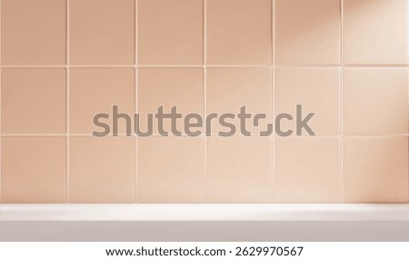 3d kitchen or bathroom scene with white table and beige tile background. Realistic room with shelf for product display
