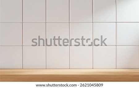 3d kitchen or bathroom scene with wood table and white tile background. Realistic room with shelf for product display.