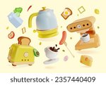 3d Kitchen Cooking Concept Cartoon Style Include of Coffee Machine with Cup, Toaster with Slices of Toasted Bread and Milk Pack. Vector illustration