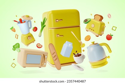 3d Kitchen Cooking Concept Cartoon Style Yellow Refrigerator and Electric Appliances Around. Vector illustration of Vertical Fridge