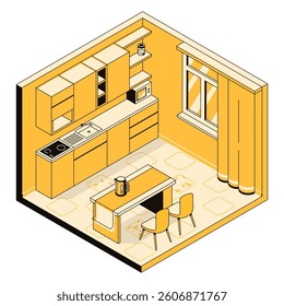 3d kitchen interior concept, furniture and appliances. Cooking space. Room, template for furniture store, design studio, architectural business. Vector linear isometric illustration