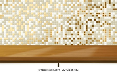 3D kitchen room table, work surface, golden tiled wall, realistic light wood podium or product shelf. Vector grey gold mosaic ceramic tiles wall background mockup. Realistic showcase stage scene