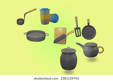 Ilustración de herramientas de cocina 3d. sopa de primicia, taza de café de papel, sartén frita, cuchillo y tabla de cortar, sartén y espátula, olla de agua, tetera