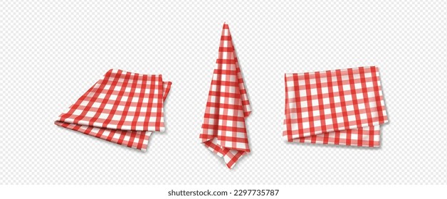 3d kitchen towel cloth top view isolated vector. Red tablecloth napkin for picnic with gingham plaid texture on transparent background. Realistic checkered linen cotton set for vintage restaurant