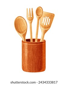 3d kitchen utensil holder cup with spoon, fork, spatula. Sketch wooden tools. Biodegradable kitchen utensil from wood. Vector bamboo kitchenware. Reusable cartoon vintage wood set for cooking.