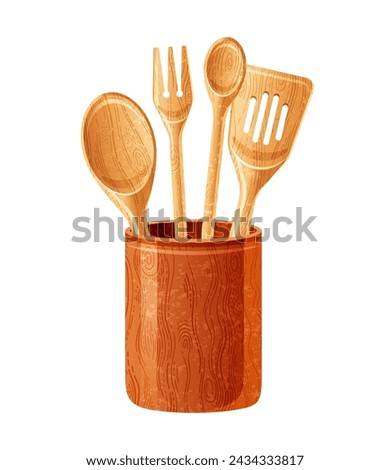 3d kitchen utensil holder cup with spoon, fork, spatula. Sketch wooden tools. Biodegradable kitchen utensil from wood. Vector bamboo kitchenware. Reusable cartoon vintage wood set for cooking.