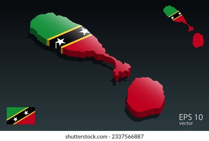 3D Kitts und Nevis Karte und Flagge . 3D-Formdesign. Konzept des Unabhängigkeitstages . Sichtansicht . Vektorgrafik