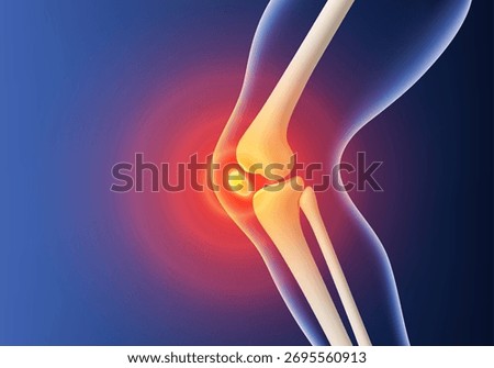 3D knee pain visualization. Leg bones with red inflammation glow at joint area. Biological and medical concept. Vector illustration