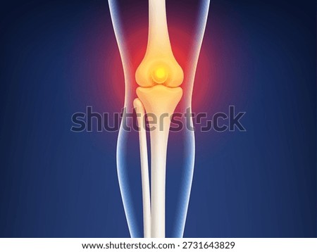 3D knee pain visualization. Leg bones with red inflammation glow at joint area. Biological and medical concept. Vector illustration