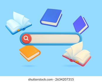 3d knowledge search bar with books flying around, isolated on background. Book search bar banner template in 3d vector