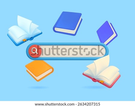 3d knowledge search bar with books flying around, isolated on background. Book search bar banner template in 3d vector